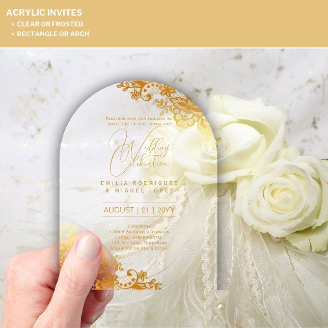 ACRYLIC Wedding Invites Gold Lace Text Elegant Acrylic Invitations (Creator Uploaded)