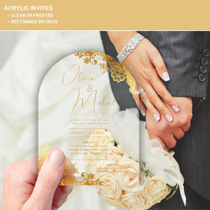 ACRYLIC Wedding Invites Gold Text Lace Elegant Acrylic Invitations
