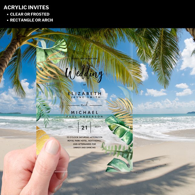 ACRYLIC Wedding Invites Tropical Gold Leaf Beach Invitations (Creator Uploaded)