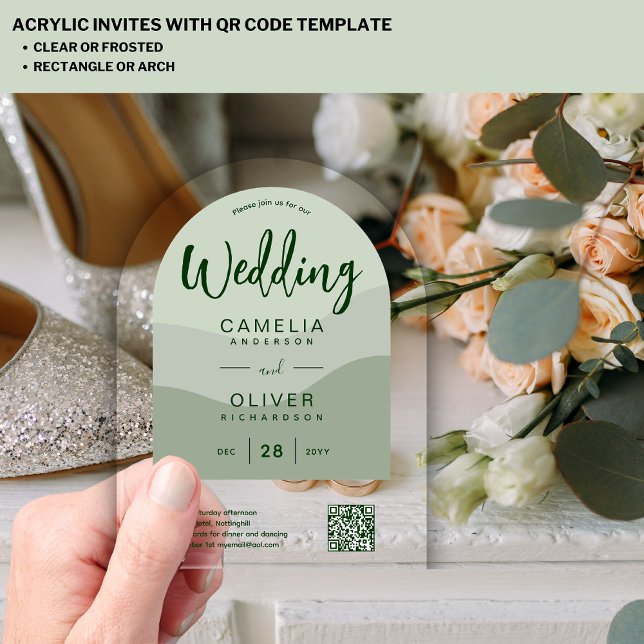 ACRYLIC WEDDING Olive Green QR Code RSVP Website Acrylic Invitations (Creator Uploaded)