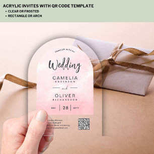 ACRYLIC WEDDING Pink Ombre Grey QR Code RSVP Invitations