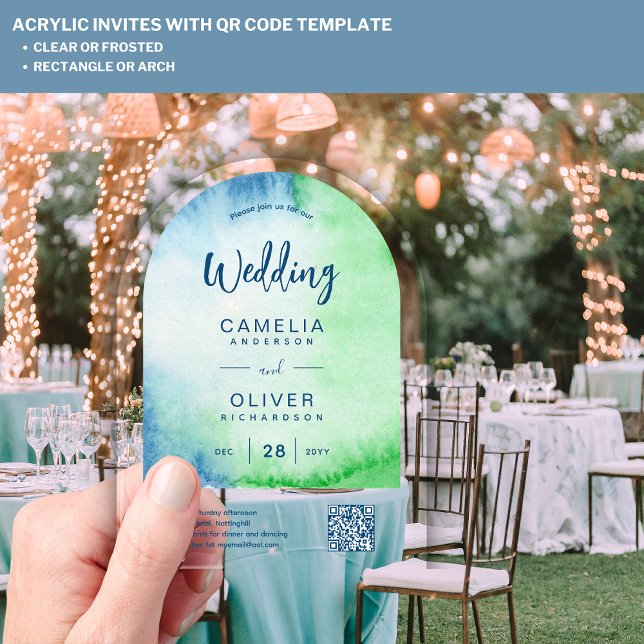 ACRYLIC WEDDING Watercolor BLUE Green QR Code RSVP Invitations (Creator Uploaded)