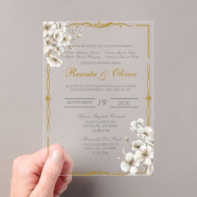Acrylic white floral Spanish Wedding Acrylic Invitations (Insitu (Handheld))