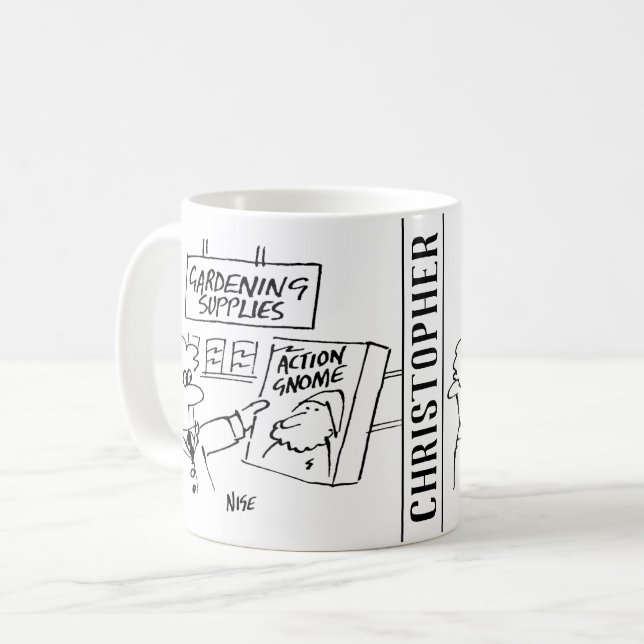 Action Gnome in the Garden Centre. Gardener Coffee Mug (Front Left)