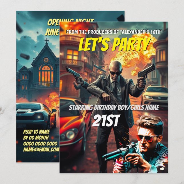 Action movie poster cinema night editable DIY Invitation (Front/Back)