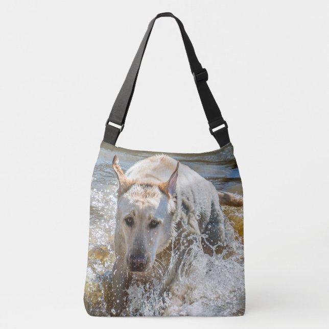 Active Yellow Labrador Splashing: Pet Photography Crossbody Bag (Front)