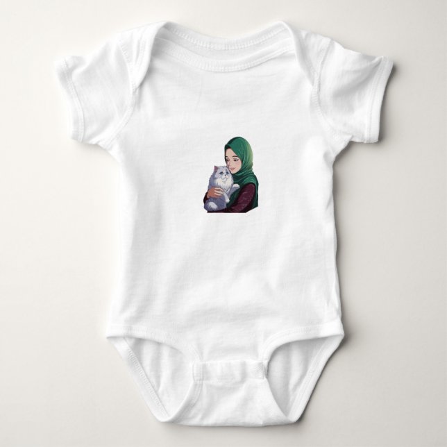Acute girl hug cute cat baby bodysuit (Front)
