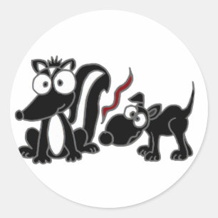 AD- Dog Sniffing Skunk Butt Cartoon Classic Round Sticker