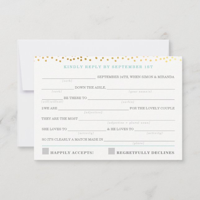 AD LIB RSVP REPLY fun rustic gold confetti mint Card (Front)