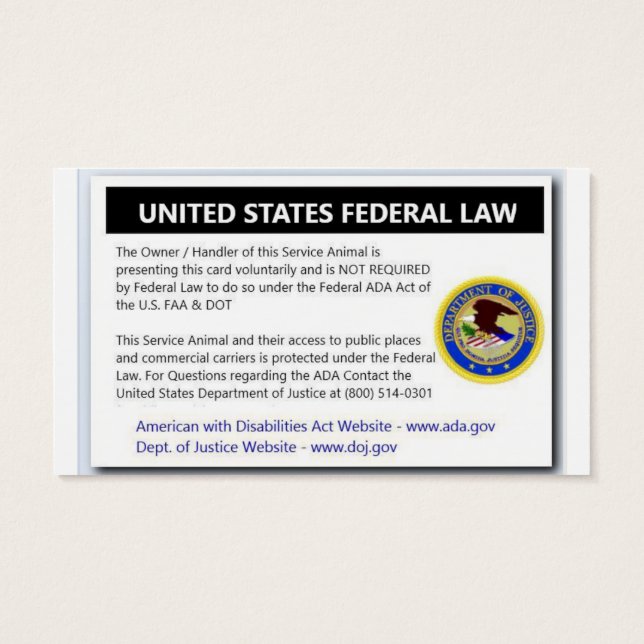 ADA Service Dog Law Handout cards (Back)