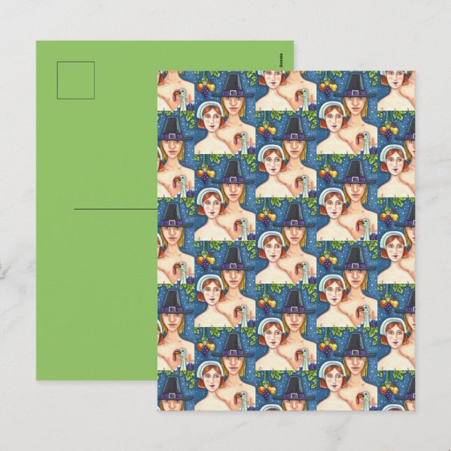 ADAM & EVE PILGRIMS, BIBLICAL WHIMSY THANKSGIVING HOLIDAY POSTCARD (Front/Back)