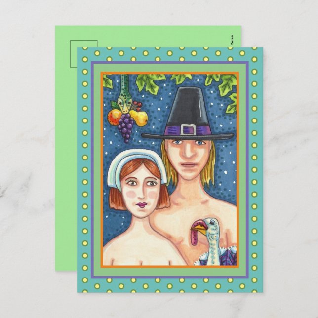 ADAM & EVE PILGRIMS, BIBLICAL WHIMSY THANKSGIVING HOLIDAY POSTCARD (Front/Back)
