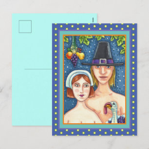 ADAM & EVE PILGRIMS, BIBLICAL WHIMSY THANKSGIVING HOLIDAY POSTCARD