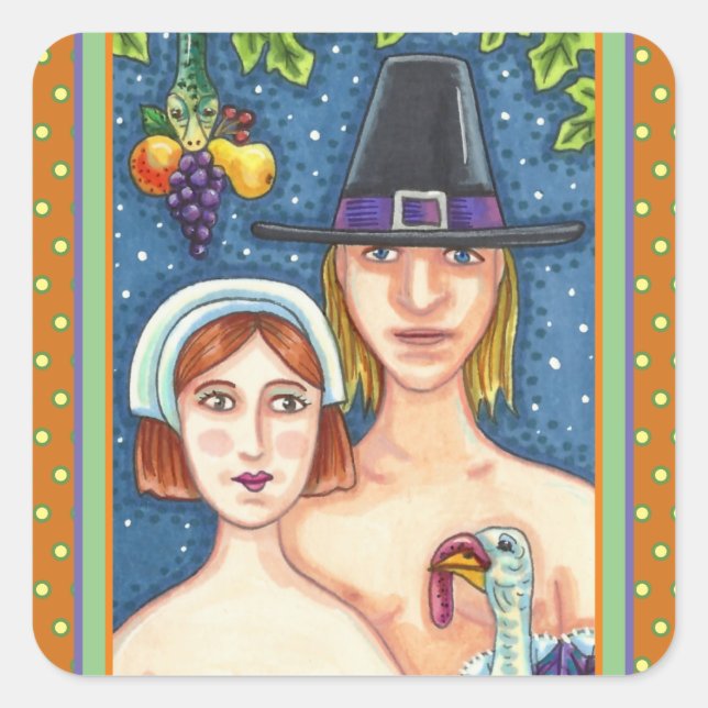 ADAM & EVE PILGRIMS, BIBLICAL WHIMSY THANKSGIVING SQUARE STICKER (Front)