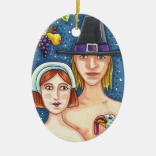 ADAM & EVE PILGRIMS THANKSGIVING KEEPSAKE CERAMIC ORNAMENT