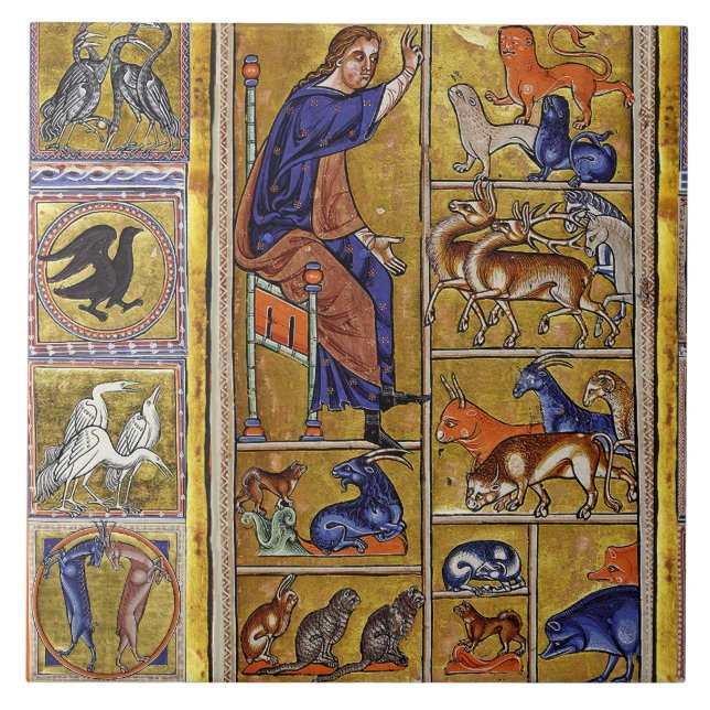 ADAM NAMING ANIMALS,MEDIEVAL BESTIARY,DEERS,LIONS  CERAMIC TILE (Front)