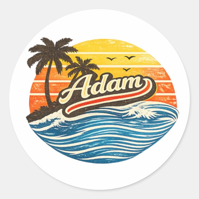 Adam Retro Sunset Name Design Classic Round Sticker (Front)