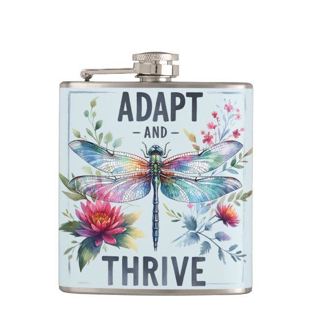 Adapt and Thrive - Artistic Dragonfly Hip Flask (Front)