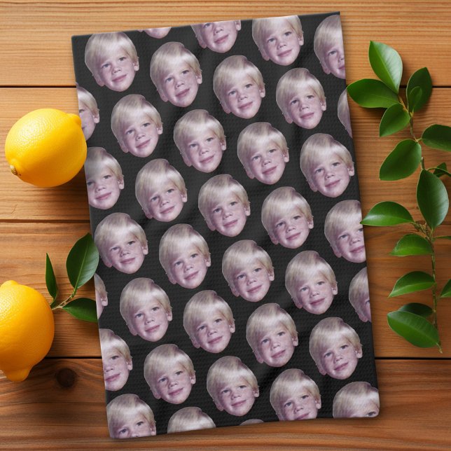 Add 1 Floating Head Photo Half Drop Pattern black Tea Towel (Custom Kitchen Towel with a Photo Collage)