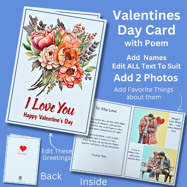 Add 2 Photo's, Blue Valentine Day with Love Poem Card (Creator Uploaded)