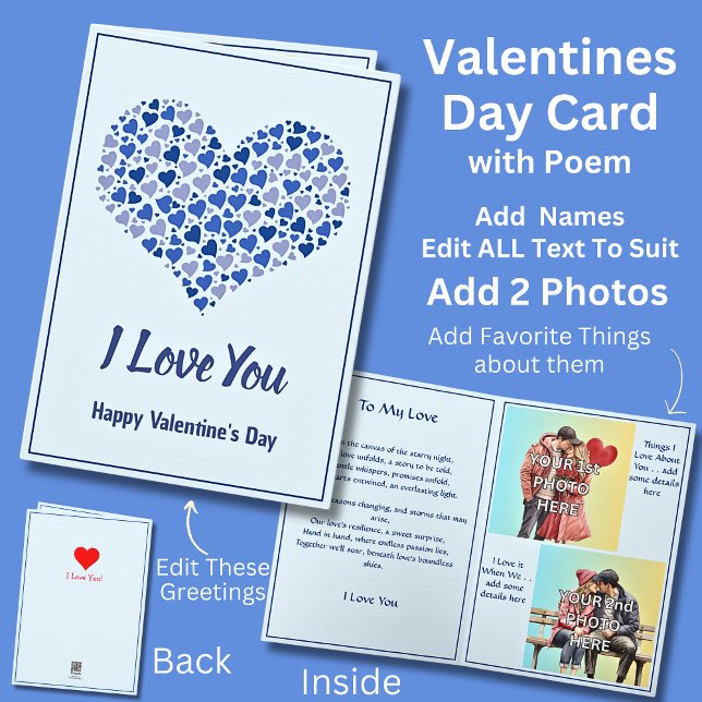 Add 2 Photo's, Blue Valentine Heart with Love Poem Card (Creator Uploaded)
