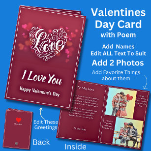 Add 2 Photo's Dark Red Valentine Heart + Love Poem Card