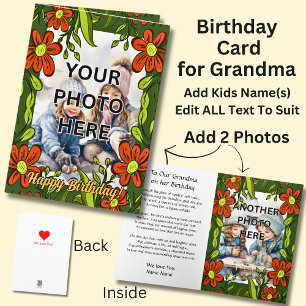 Add 2 Photo's in Red Flower Frames for Grandmother Card