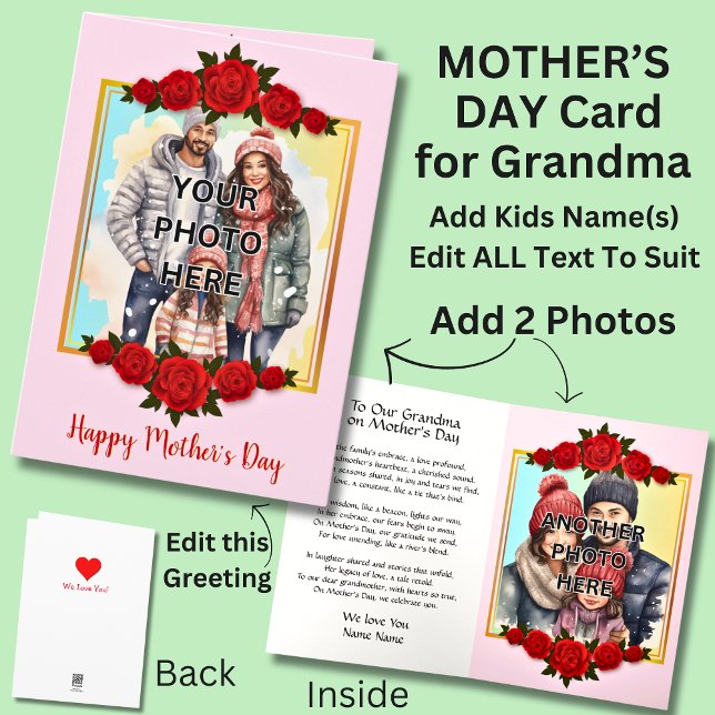Add 2 Photo's in Red Roses Frames for Grandmother Card (Creator Uploaded)