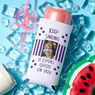 Add 2 photos keep smiling stripes white purple seltzer can cooler