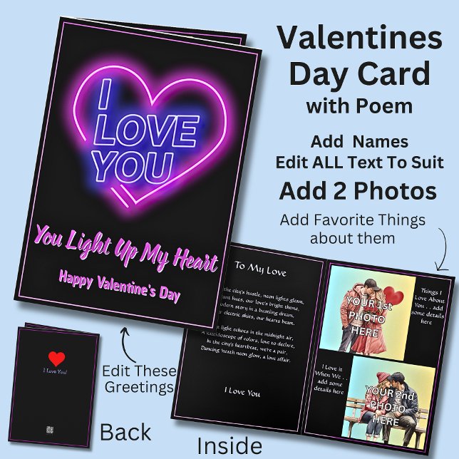 Add 2 Photo's Neon Light Valentine Heart Love Poem Card (Creator Uploaded)