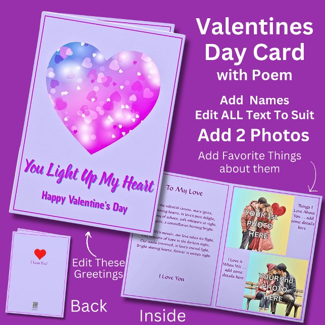 Add 2 Photo's Shining Valentine Heart Love Poem Card (Creator Uploaded)