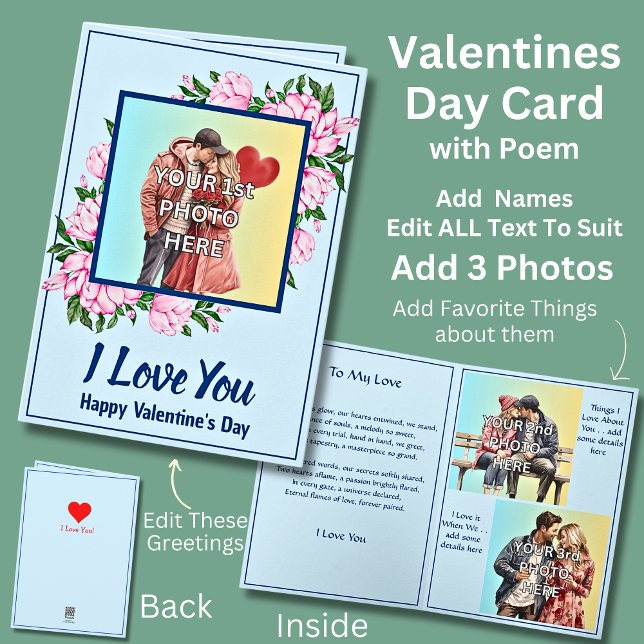 Add 3 Photo's, Blue Valentine Day with Love Poem Card (Creator Uploaded)
