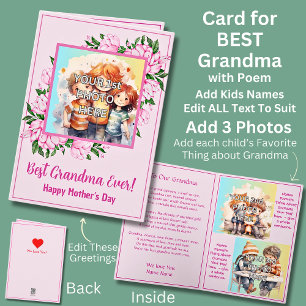 Add 3 Photo's, Pink Best Grandmother, Poem, 2 Kids Card