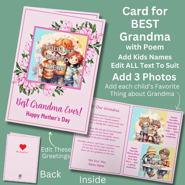 Add 3 Photo's, Pink Best Grandmother, Poem, 2 Kids Card (Creator Uploaded)