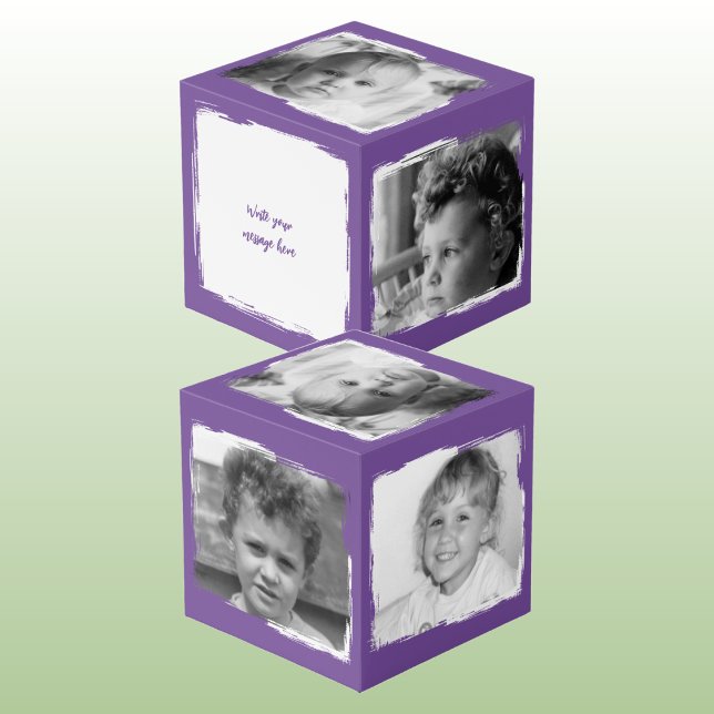 Add 4 images customise words purple white photo cube (Creator Uploaded)