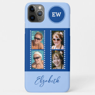 Add 4 photos initials and name blue and white iPhone 11 pro max case