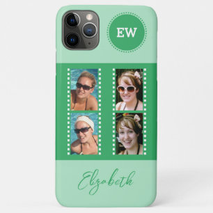 Add 4 photos initials and name green and white iPhone 11 pro max case