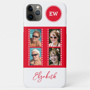 Add 4 photos initials and name red and white iPhone 11 pro max case