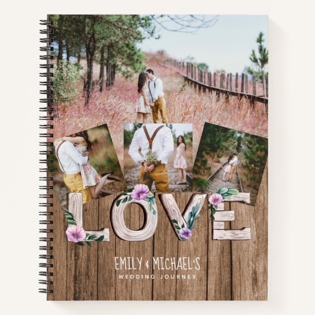 Add 4 PHOTOS Rustic Flower NEWLYWEDS WEDDING Notebook (Front)