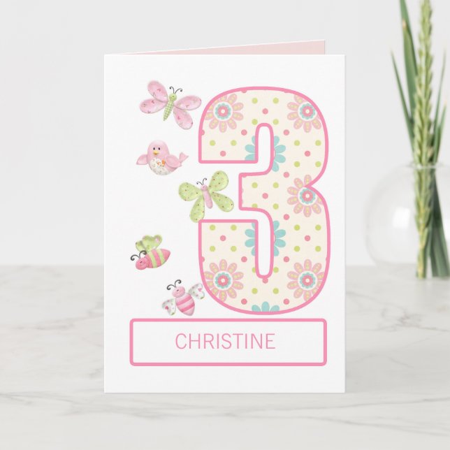 Add a Name, 3rd Birthday with Bugs and Butterflies Card (Front)