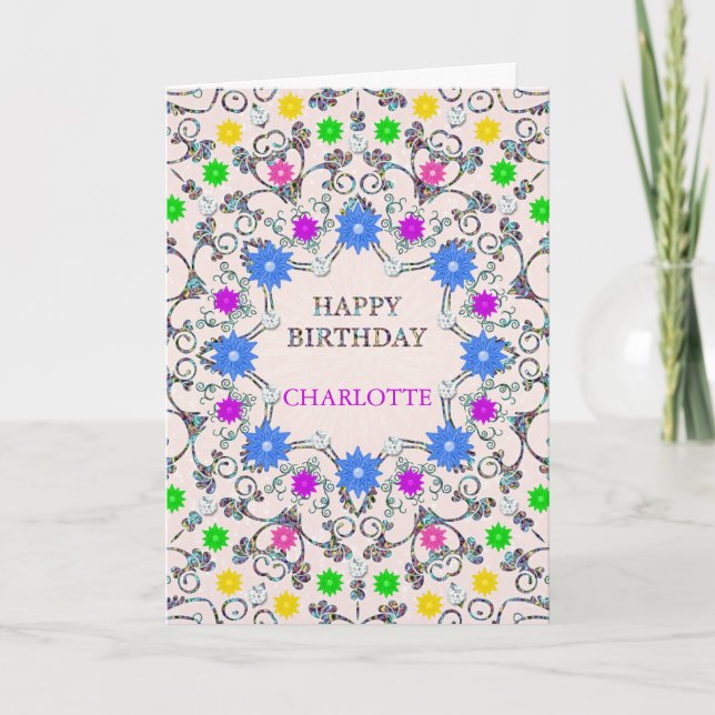Add a Name Abstract Flowers Birthday Card (Front)