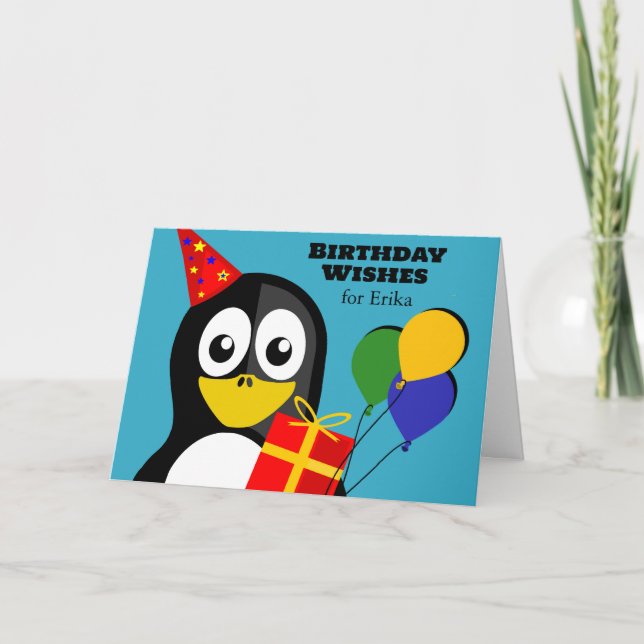 Add a Name Birthday Wishes with Penguin  Card (Front)