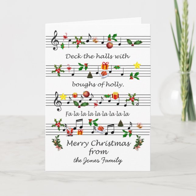 Add a Name Christmas Sheet Music Deck The Halls Holiday Card (Front)
