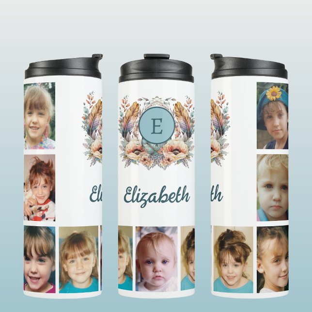 Add a name initials 9 photo floral blue thermal tumbler (Creator Uploaded)