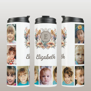 Add a name initials 9 photo floral brown thermal tumbler