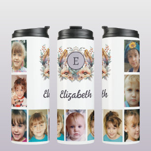 Add a name initials 9 photo floral purple thermal tumbler