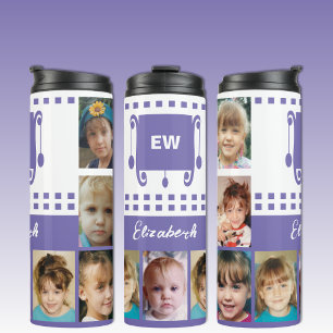 Add a name initials photo collage white purple thermal tumbler