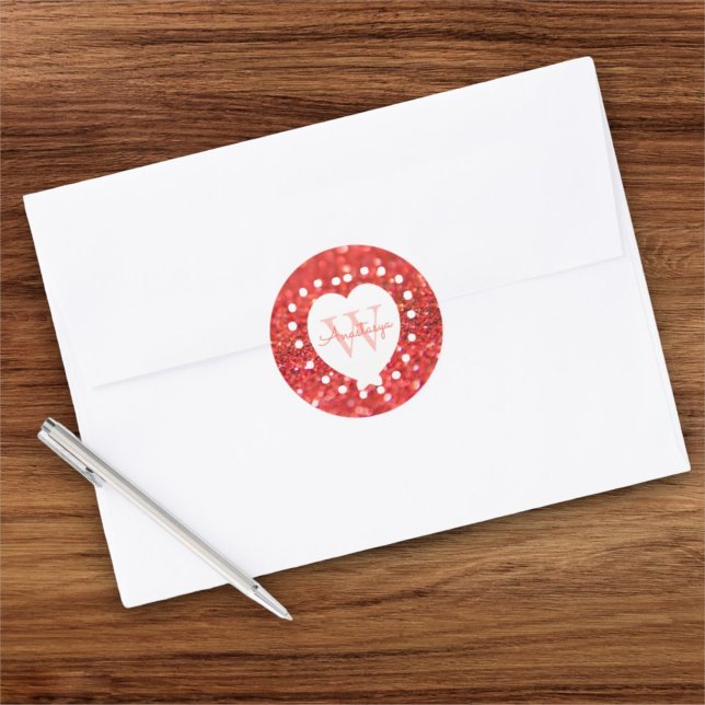 Add A Name Monogram Coral Glitter White Heart Classic Round Sticker (orange bokeh monogram 1.5" sticker)