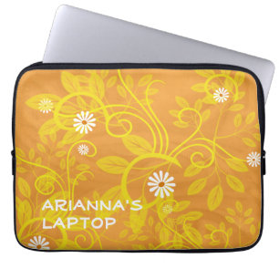 Add A Name Retro White Daisies Yellow Flourishes Laptop Sleeve