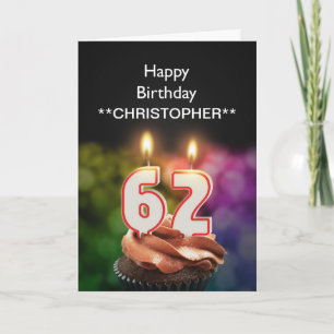 Add a name to this 62nd birthday card candles